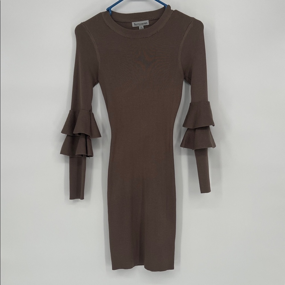 Brown Ruffle Sleeve Dress Rayon Size Small